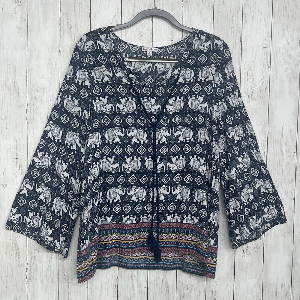 Katie's Kloset XL Elephant Print Top Boho Festival Tunic Colorful Flowy V-Neck